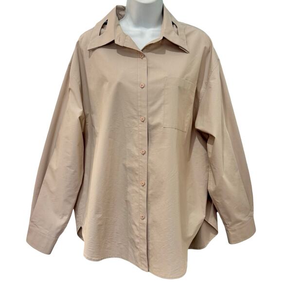 Moonlee Beige Collared Cut Out Button Up Blouse Oversize Top Size L NEW Tags - Picture 1 of 13